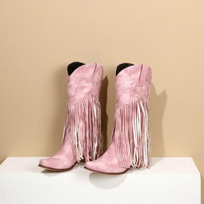 Женские европейские и американские винтажные ботинки до середины икры - Массивный каблук, Высокий каблук, Круглый носок, Ботинки и сапоги в стиле рыцаря с бахромой