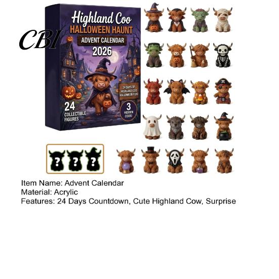 Stocking Stuffers for Kids Halloween Highland Cow Advent Calendar, 24 Days Surprise Countdown Calendar with Souvenirs Mini Acrylic Ornaments,
