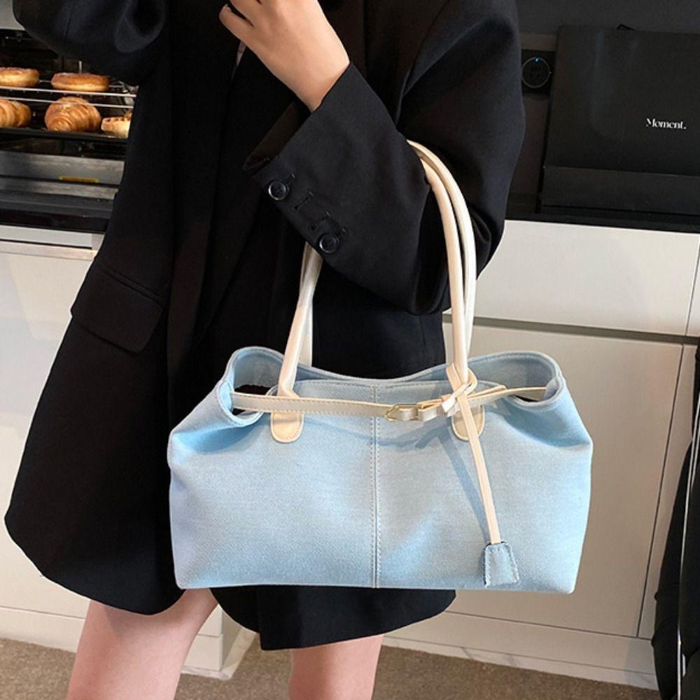 Casual Hasp Closure Denim Shoulder Bag Elegant Patchwork Color Vintage Armpit Bag PU Chic Casual Tote Bag Students