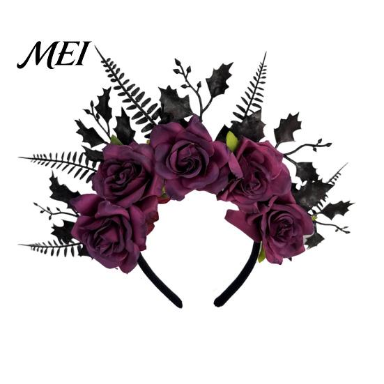 Streetwear Gothic Hairband for Women Halloween Rose Headband, Flower Leaf Crown Hair Hoops Bands, Floral Party Headpiece Cosplay Dress Up Accessories