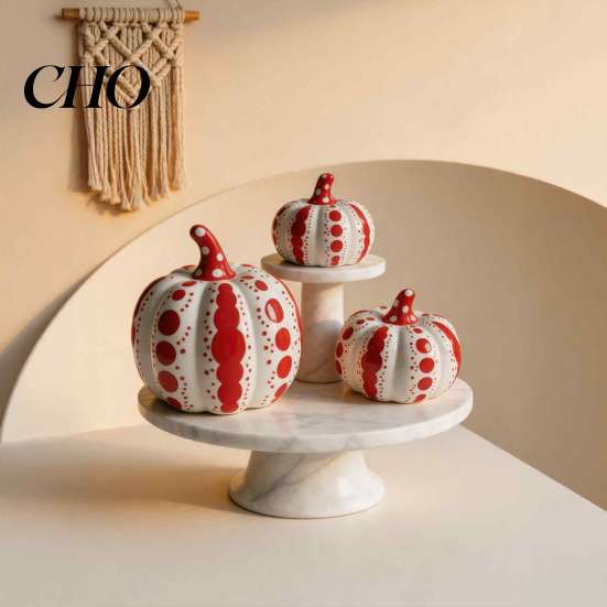 Thanksgiving Home Decorations Ceramic Pumpkin Sculpture, Modern Polka Dot Figurine, Farmhouse Tiered Tray Seasonal Ornaments Tabletop Decoration