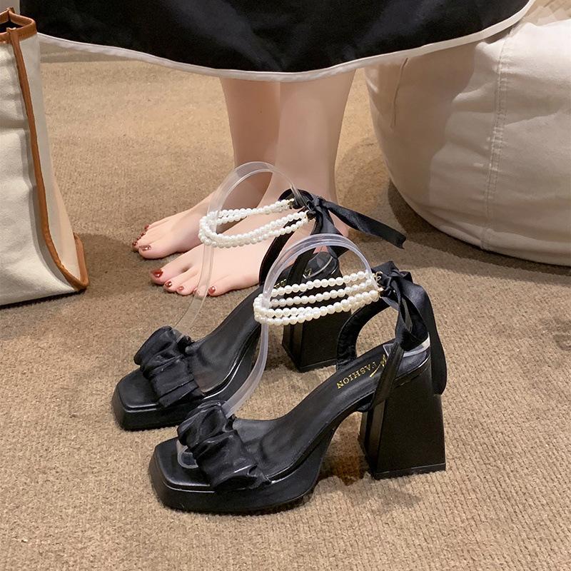 Mesh High Heels Women's Summer New Medium Thick Heel Crystal French Fairy Pearl Roman Sandals Ins