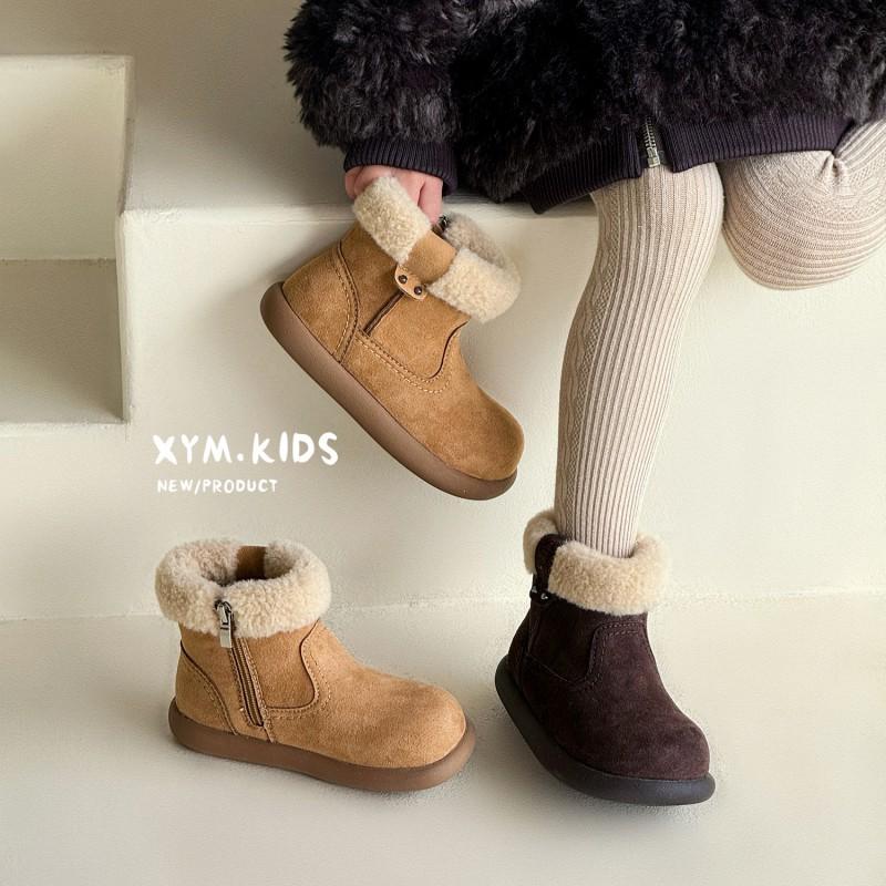 Kids Winter Snow Boots Girls Flat Sole Faux Shearling Lined Side-Zip Ankle In Brown Camel