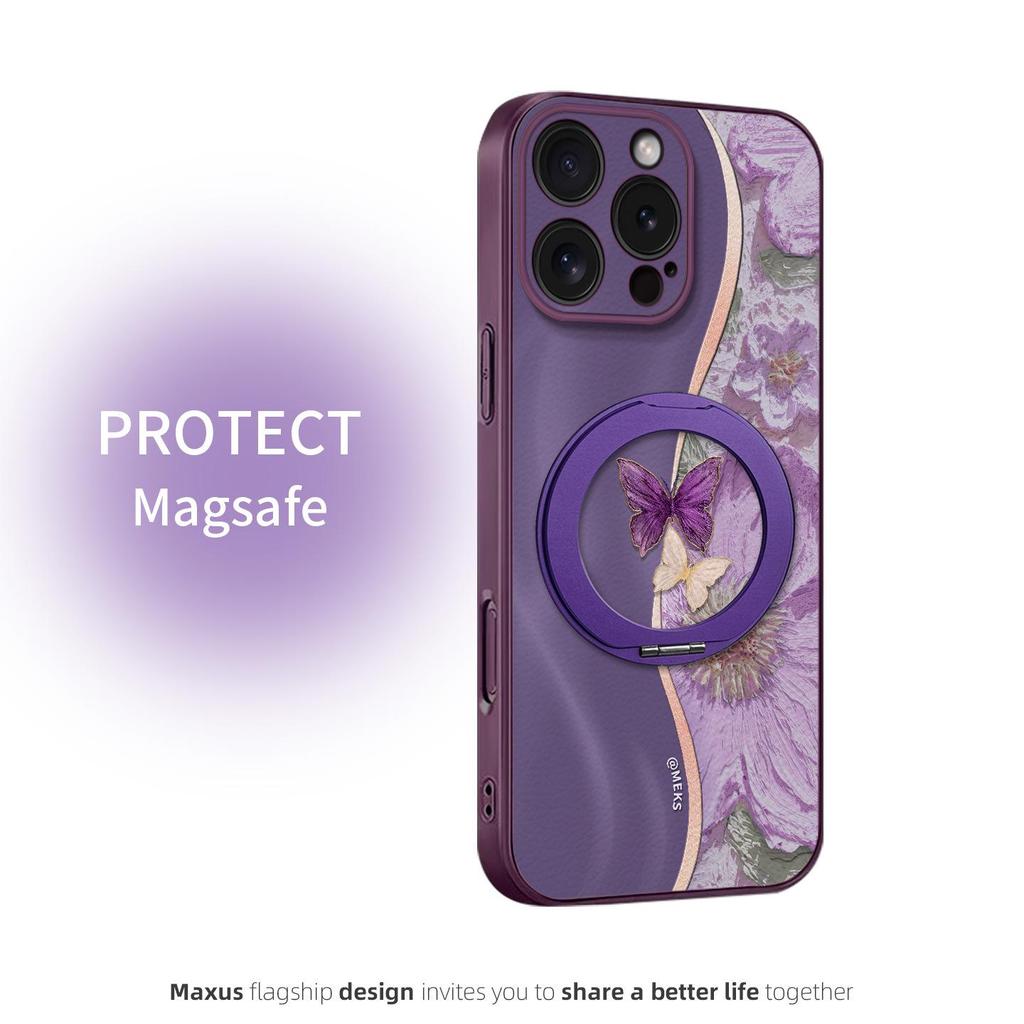 Двухцветный чехол-подставка "Бабочка" для iPhone 16 Pro, прочный магнитный чехол темно-фиолетового цвета