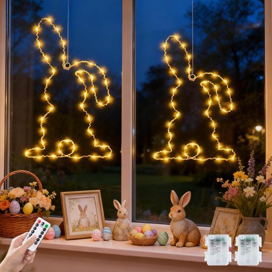 LED Window Light Easter Hanging Lamp with 8 Dynamic Modes Remote Control Timer Battery Operated Waterproof Metal Easter Bunny String Lights for Indoor