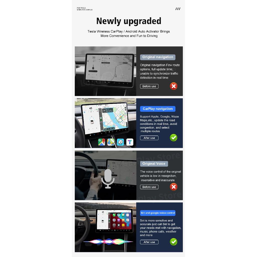 CarlinKit Wireless CarPlay Android Auto Dongle On Tesla Model 3 / X / Y / S 2.4+5.0G WiFi BT Siri Google Waze GPS YouTube Music