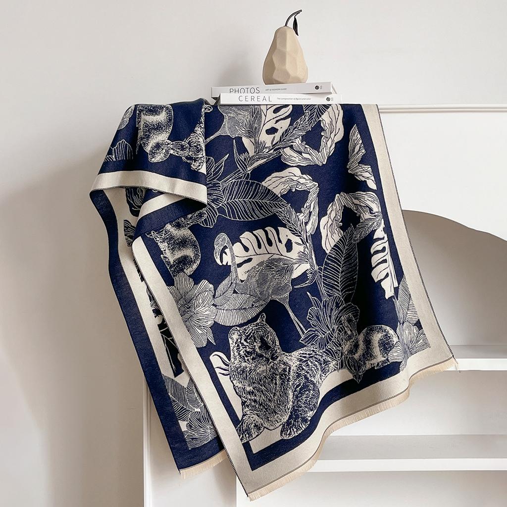 Luxury Leaf Print Scarf for Women Warmer Winter Imitation Cashmere Pashmina Scarves Shawls Female Thick Blanket Wraps Foul