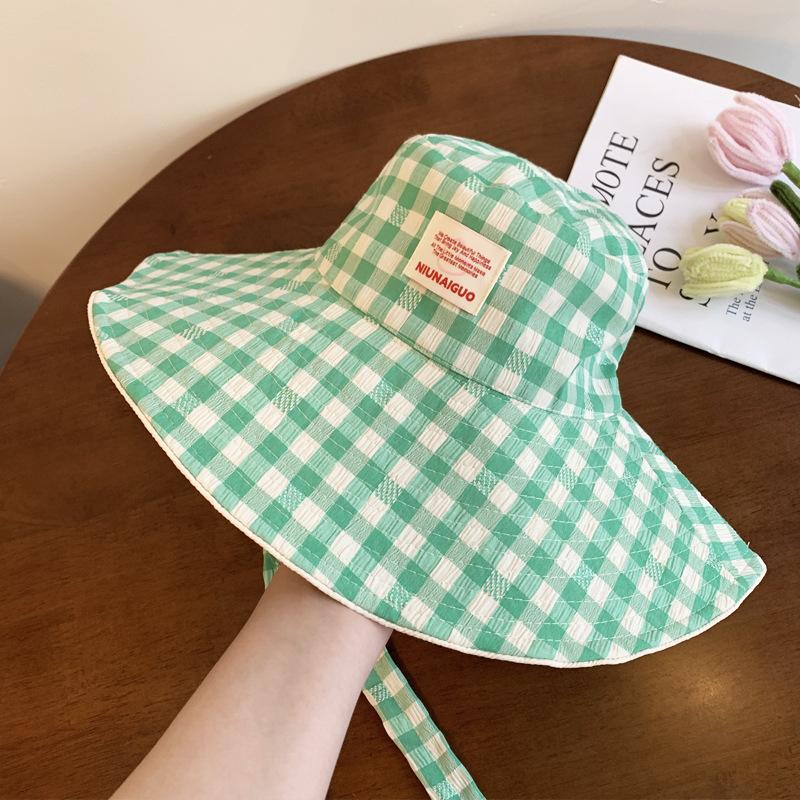 Dopamine Bucket Hat Women's High Sense Summer New Hat Plaid Visor Big Brim Sun Protection Hat