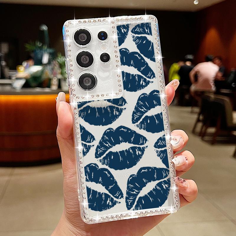 Мягкий силиконовый чехол с принтом в виде губ и ромбовидной рамкой для Samsung S25 Edge S24 FE S23 Ultra S22 A16 A56 A36 A15 A55 A35, прозрачный противоударный чехол для телефона