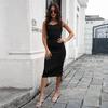 Women Solid Elastic Rib Knitted Dress Pit Stripe Pile Neck Backless Pleated Drawstring Spaghetti Dresses