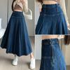 Chic Pleated Jeans Skirts Spring Autumn High Waist Long Washing Ladies Straight Women  Loose Denim Midi Skirts