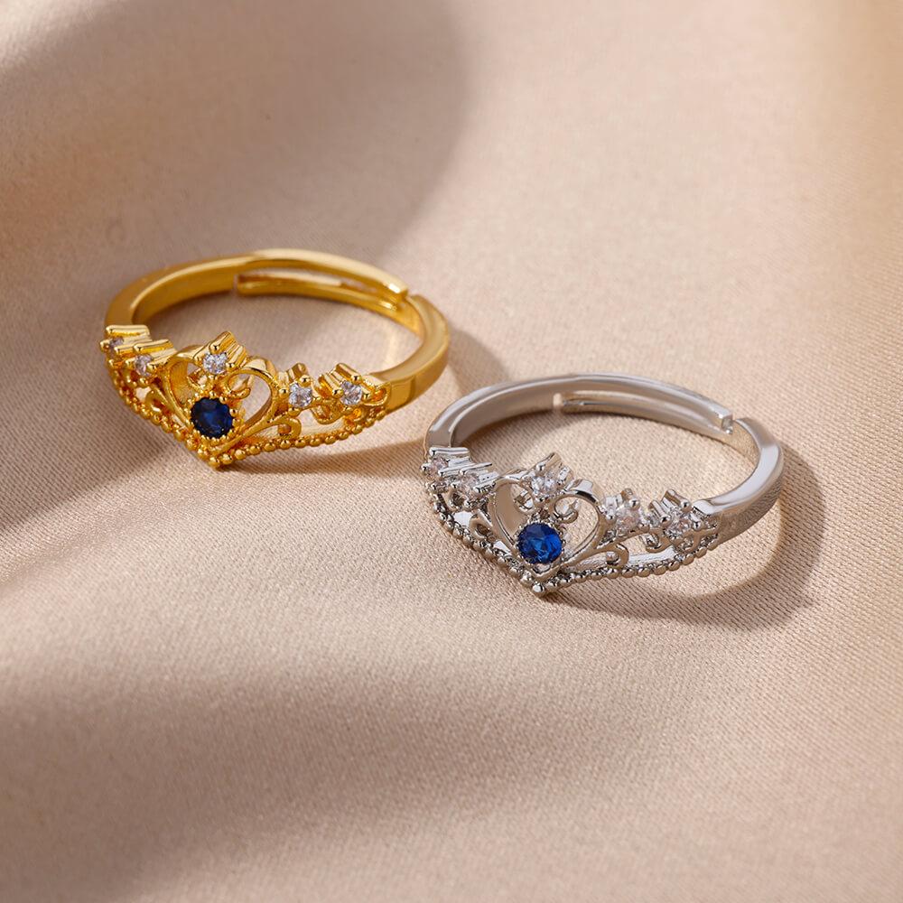 Кольца-короны из голубого циркона для женщин из нержавеющей стали золотого цвета, регулируемое кольцо-корона, трендовый дизайн, женское свадебное ювелирное украшение, подарок
