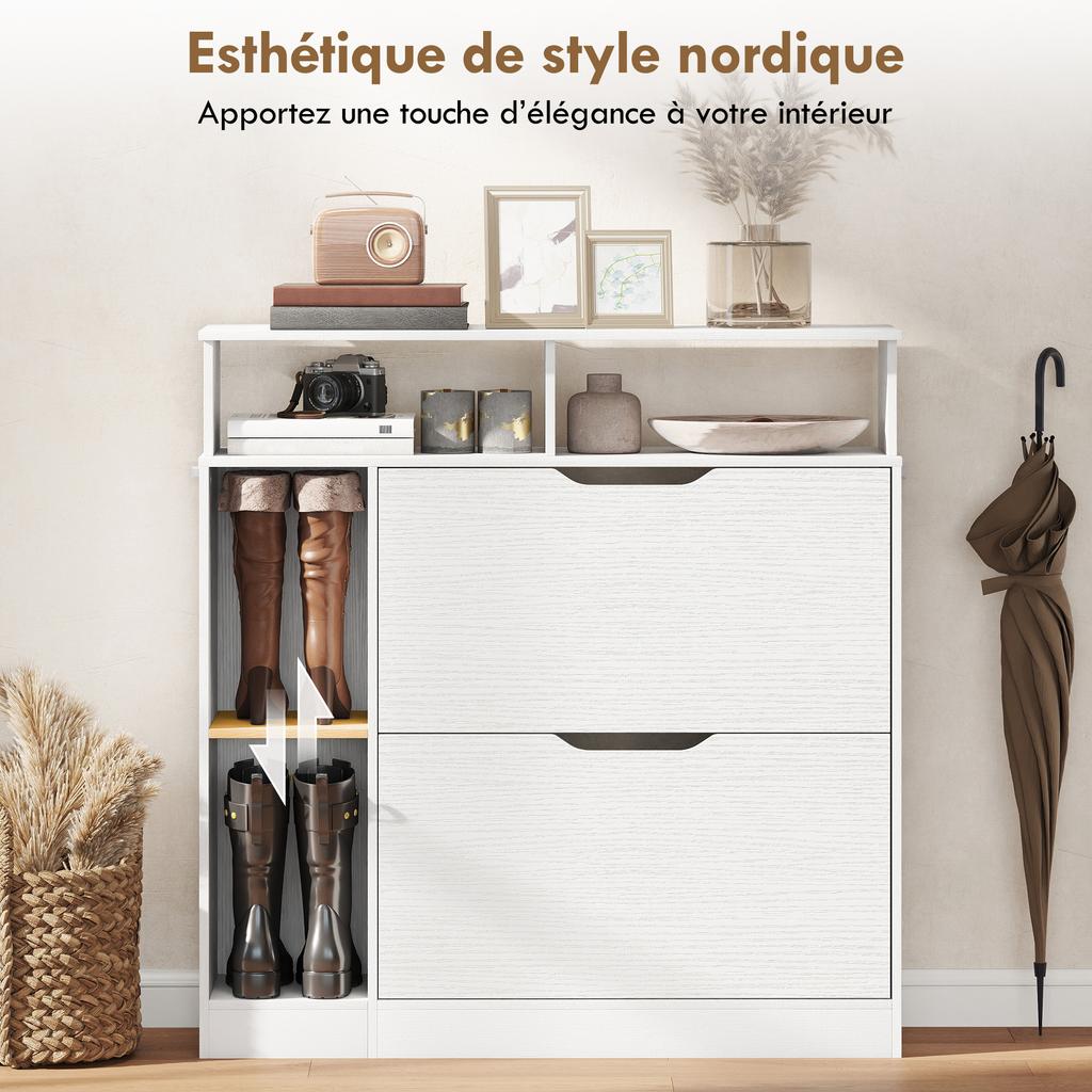 Shoe Cabinet, 2 Drop-Down Drawers, Open Compartments, Adjustable Shelf, White