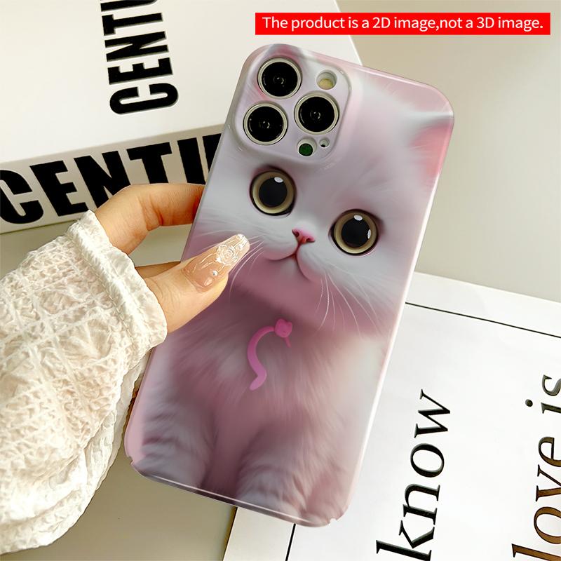 2DFlat Cute White Kitten with Pink Heart Charm All inclusive film hard iPhone case, compatible with iPhone 18 Pro Max 17 16 15 14 13 12 11