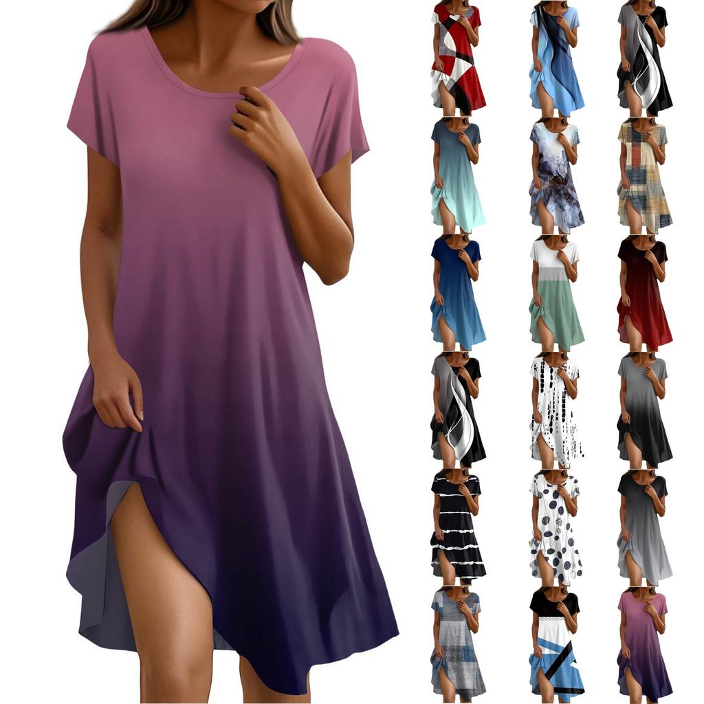 Short Sleeve Boho Dress For Women Casual Loose Fit Summer Sundress Floral Print Dress With Pockets