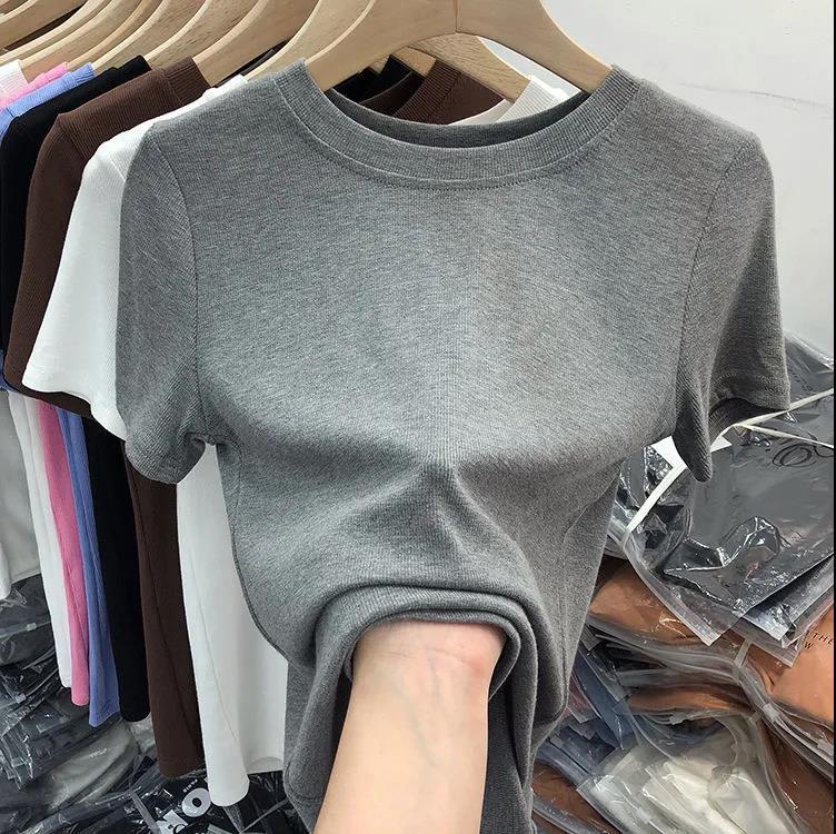 Women's 2023 Summer Korean Style Slim Fit Solid Color Round Neck T-Shirt