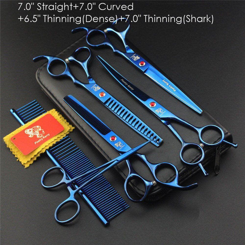 7.0" 8.0 Ch Profional Pet Scissors for Dog Groomg Straight & Thng & Curved Shears FeShark Teeth 4pcsSet +Comb Bag