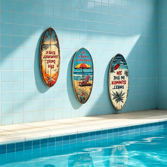 yangyizhi 1/3Pcs Surfboard Plaque Decoration, Solid Wood Vintage Coastal Wall Sign, Retro Seaside Style Art Ornament for Indoor Outdoor Use