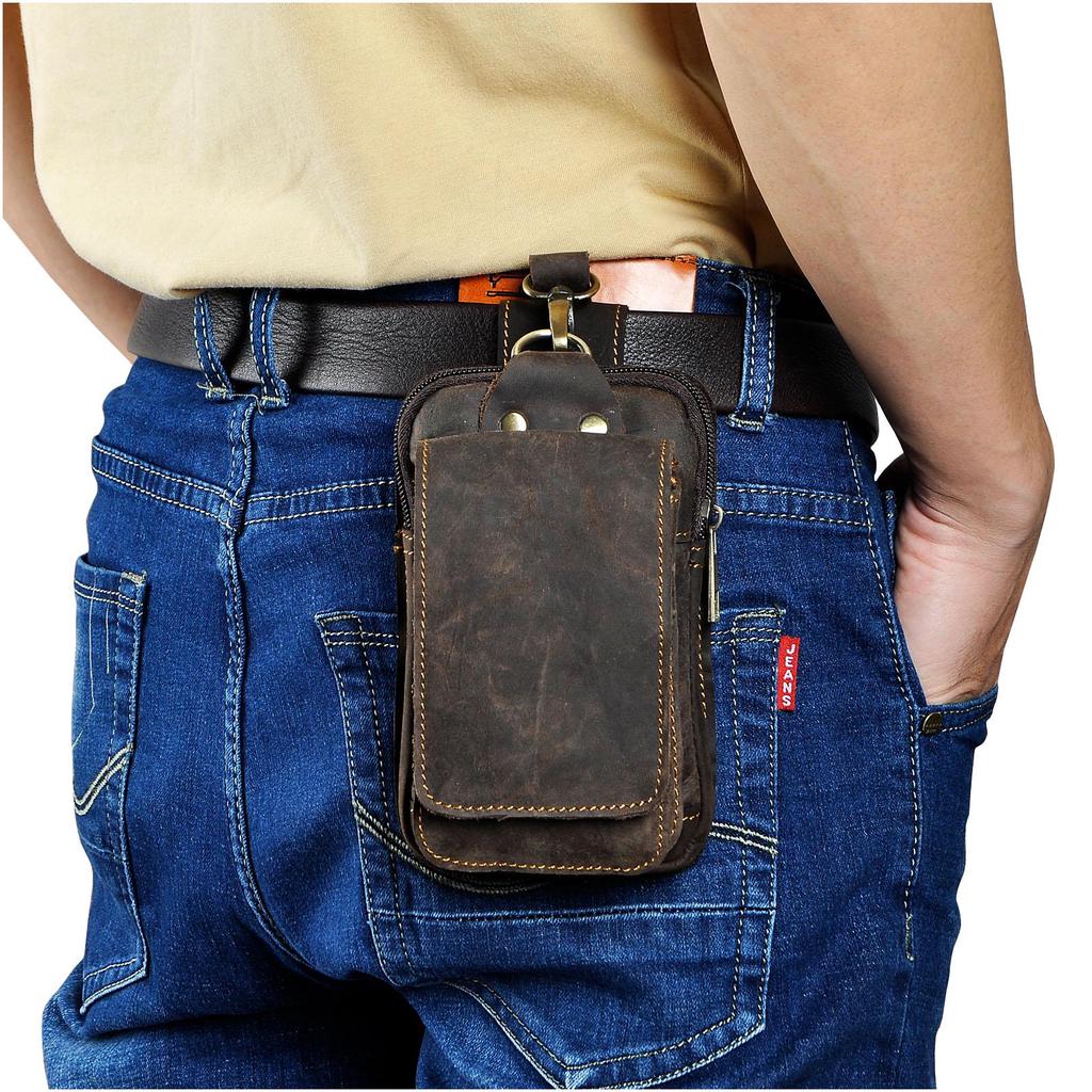 Real Leather Men Casual Design Small Waist Bag Cowhide Fashion Hook Bum Bag Waist Belt Pack 6" Phone Pouch