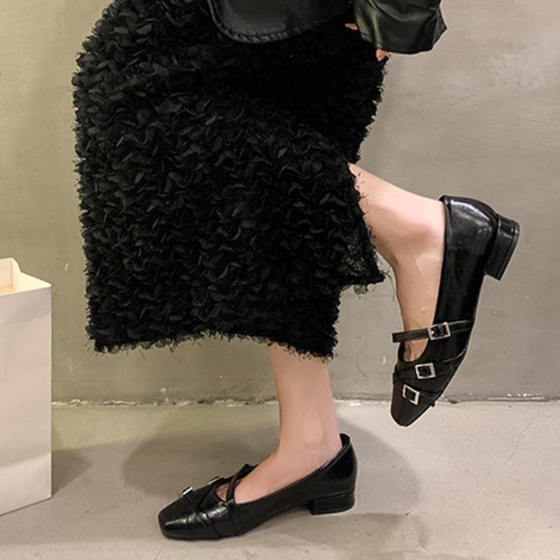 Fashion Women's Coarse Heel Shoes Autumn New Square Head Shallow Mouth Belt Buckle Soft Sole Anti-slip Wear-resistant Low-top Shoes