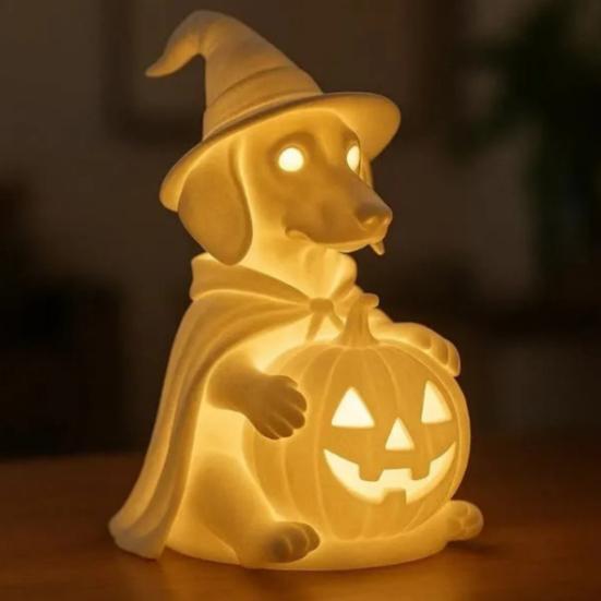 Dachshund Ghost Lamp Halloween Glowing Ghost Dog Lamp Cute Dog Pumpkin Statue Night Light for Home Bedroom Shelf Table Centerpiece
