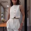 INDFS Women's Fashion Casual Summer Spring Solid Color Print Sleeveless O-Neck Blouses & Shirts Trousers Pants Suits