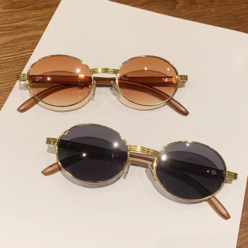 Wood-grain Legs Metal Oval Frame UV Protection Myopia Glasses Luxury Brand Vintage Punk Metal Outdoor UV400 Sun Glasses