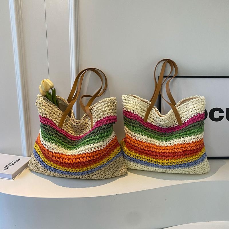 Straw Braid Large Capacity Shoulder Bags 2024 Fashion Casual Rainbow Color Matching Bags for Women High Quality Summer Style