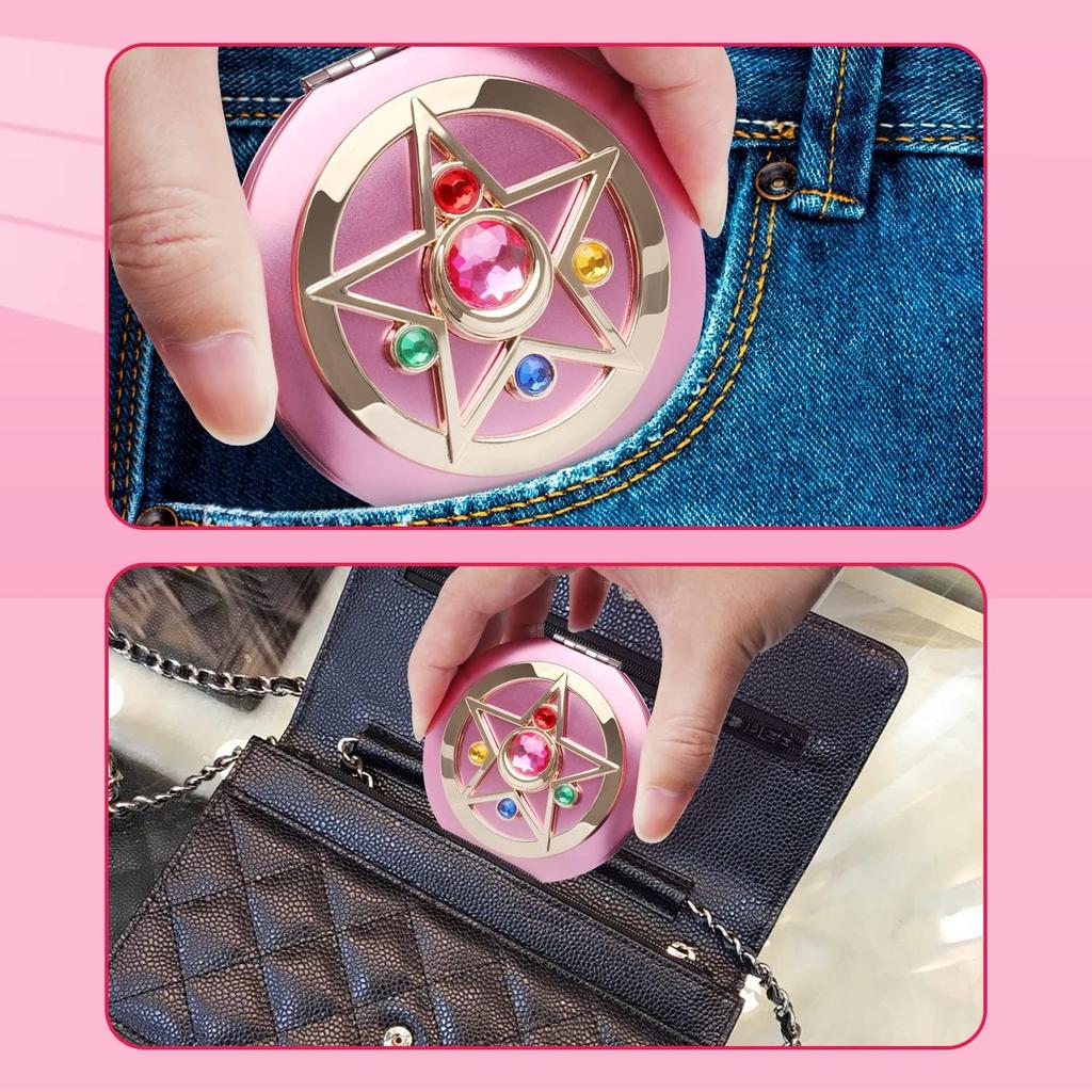 Portable Makeup Flat Mirror Magnifying Clamshell Foldable Metal Sailor Moon Crystal Star Perfect for and Parties J-ouuo Mirror, Double-Sided + Glass,
