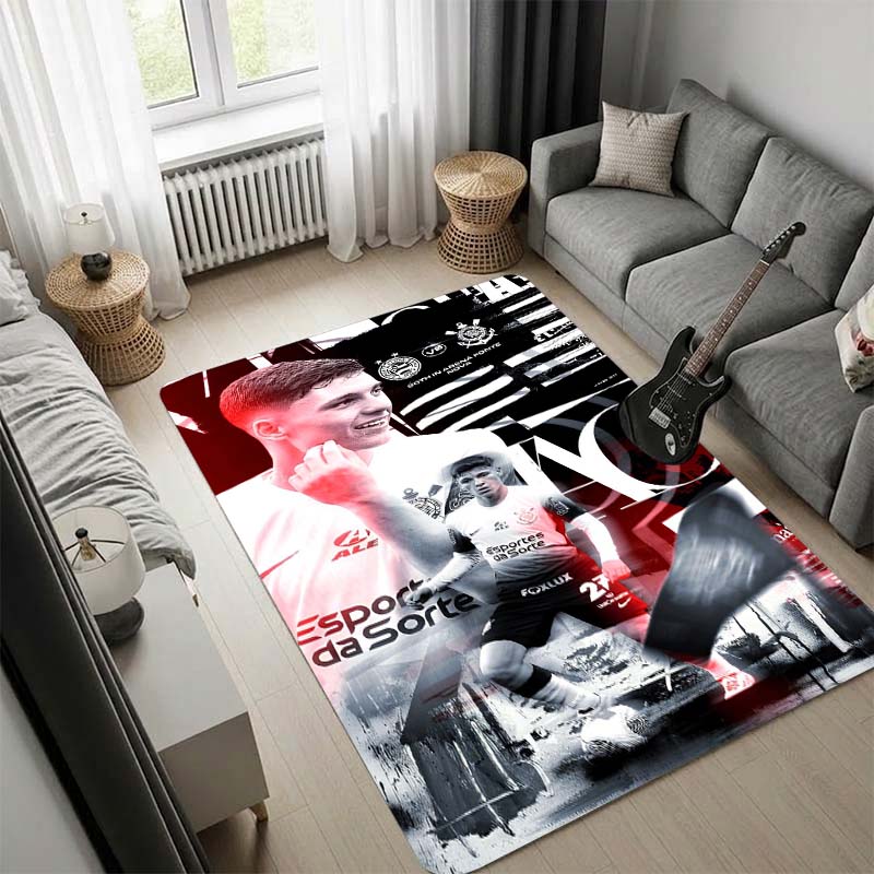 Corinthians Paulista Black Area Rug with Team Emblem, Non Slip Floor Mat for Living Room Bedroom, Football Fan Home Decor