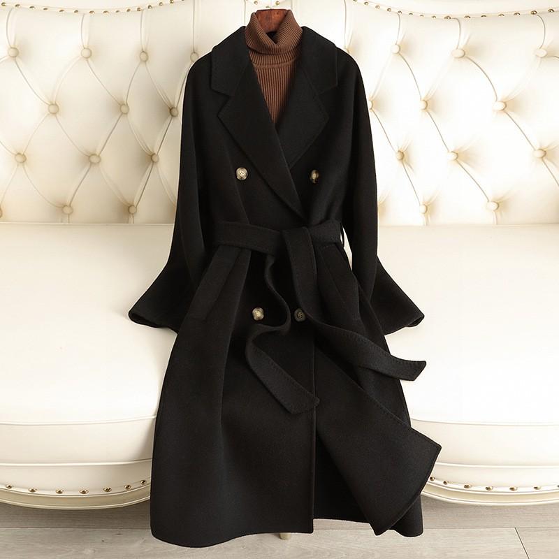 Womens Double-Sided Wool Coat Oversized Longline Trench Style Knee-Length Loose Fit British Elegant Winter Outerwear