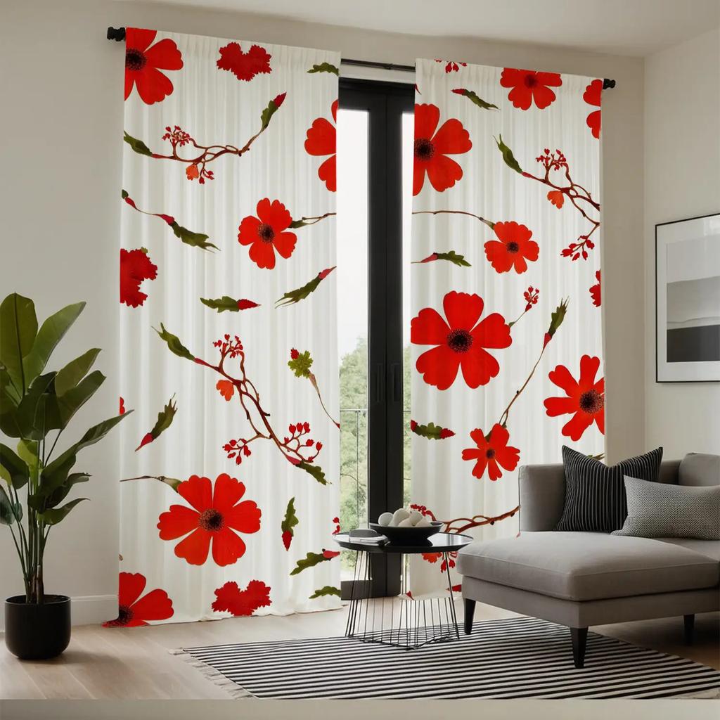 2pc Gorgeous Style Red Floral Print Curtains, Polyester Fabric, Machine Washable, Suitable for Bedroom Living Room Decoration