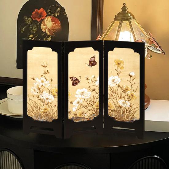 Мини Цветочный Складной Экран Рустик 3 Панели Перегородки для Комнаты Китайский Стиль Винтажный Настольный Складной Экран Фэн-шуй Украшения для Дома Офиса Декора Стола