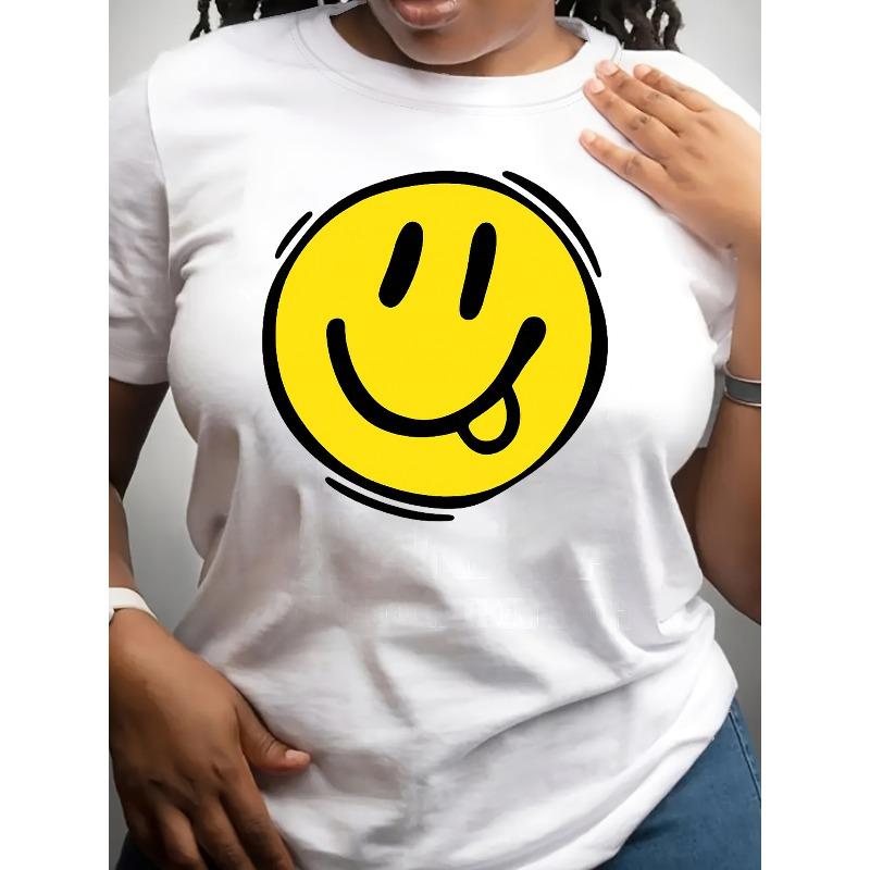Milk Thread Premium T-Shirt - Vivid Yellow with A Joyful Face and Smile Design, Uplifting Casual Short-Sleeve Top, Round Neck Suitable for Spring,