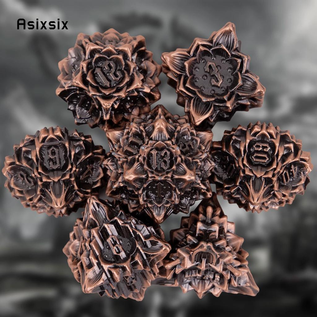 7 Pcs Copper Black Lotus Flower Metal Dice Solid Metal Polyhedral Dice Set Suitable for Role-Playing RPG Board Game Card Game