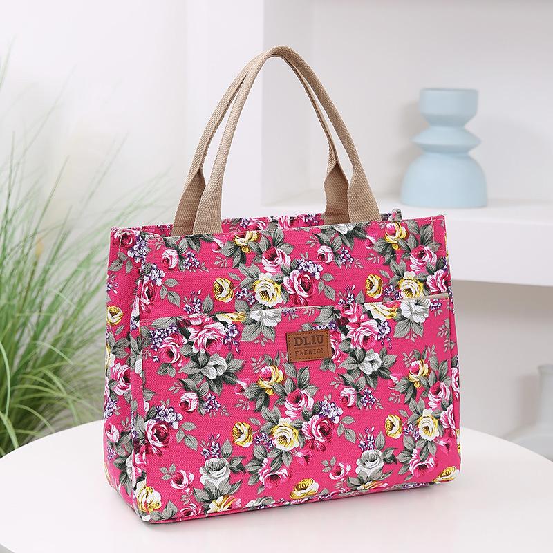 Fashion Floral Print Tote Bag Portable Canvas Lunch Bag Women's Casual Handbag Bento Mommy Shoulder Bag For Picnic Travel AVE