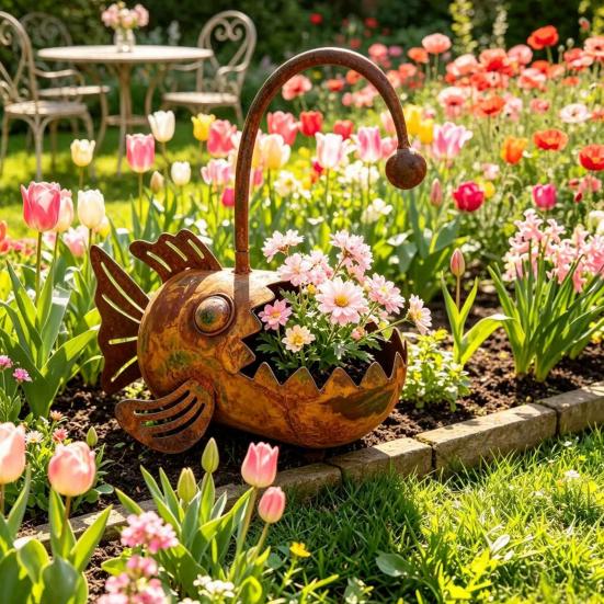 yangyizhi Rustic Iron Planter, Fish Shaped Design, Decorative Metal Flower Pot for Succulents Cactus Plants, Rustproof Garden Patio Porch Balcony Yard