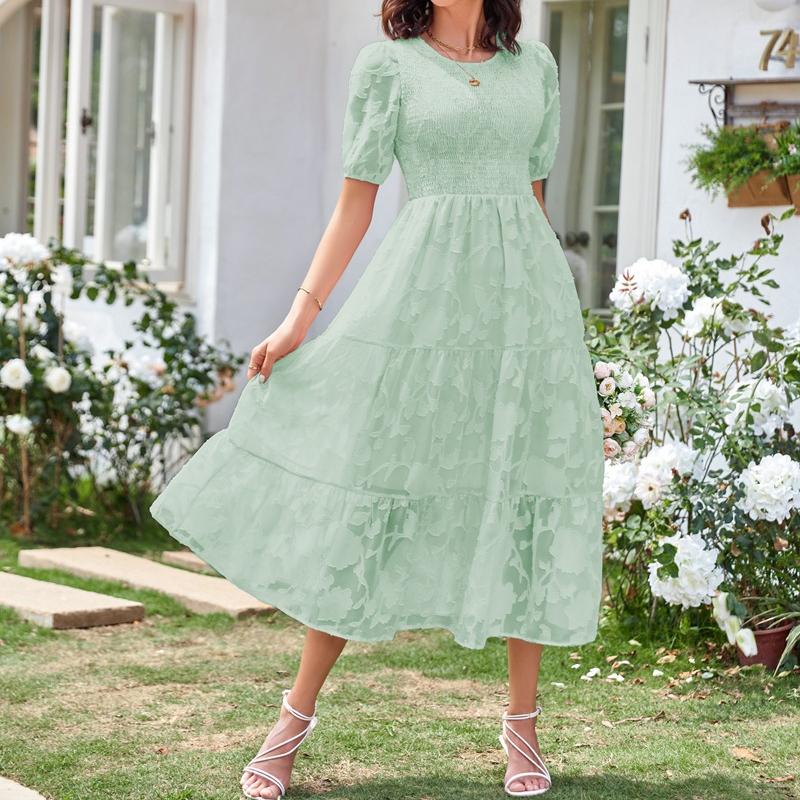 YYFS Женская мода лето весна однотонный принт с коротким рукавом и круглым вырезом с высокой талией повседневные платья