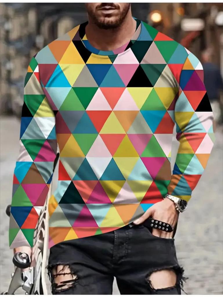 Stylish Geometric Triangle Print Long Sleeve T-shirt, Casual Fashion Top for Men