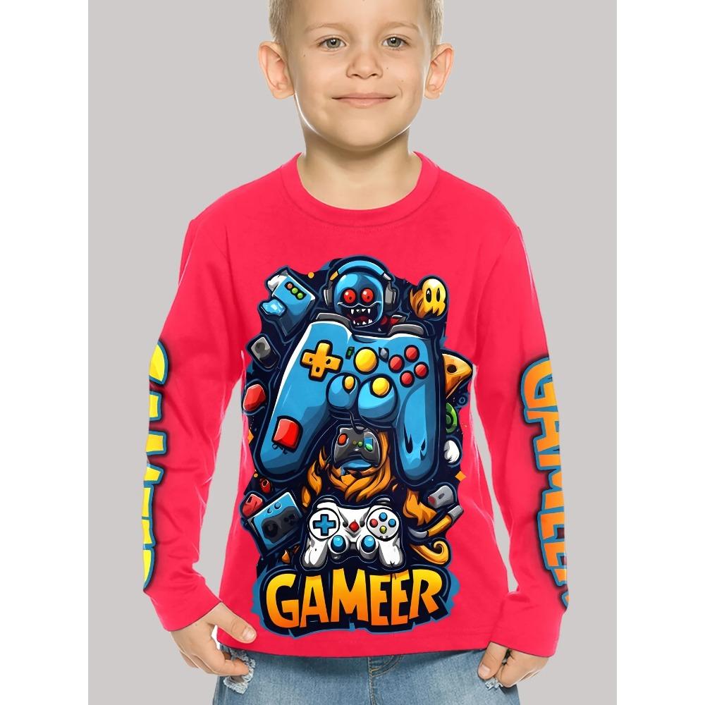 Spring and Autumn Round Neck 3D Gamepad Pattern Printed Top Fashionable Casual Long Sleeved Children's Boy T-shirts