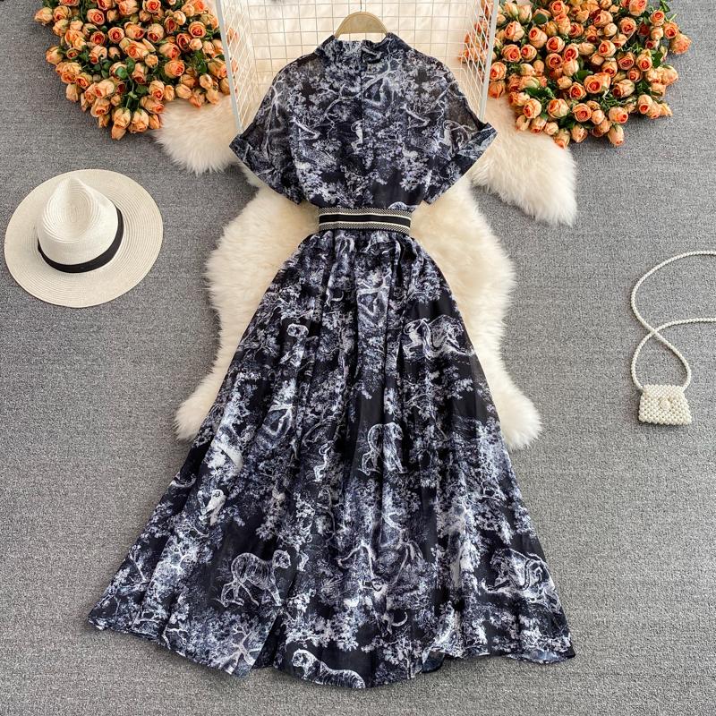 RUGOD Лето 2022, новое легкое платье с короткими рукавами и лацканами, в знакомом стиле, длиной выше колена с ретро-принтом, элегантное длинное платье с большой талией