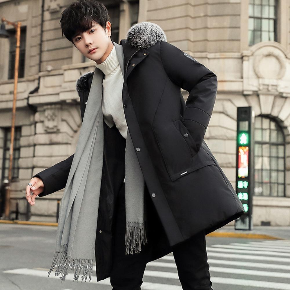 Пуховик средней длины мужской корейская версия новый два открытых пух белой утки большой меховой воротник молодежный популярный модный пуховик с капюшоном