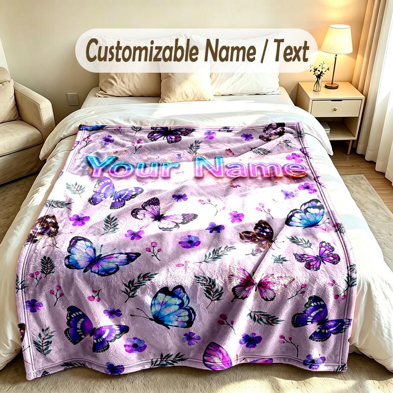 Butterfly Theme Soft Blanket Personalized Custom Name Text Print Warm Blanket Home Sofa Bedroom Decor