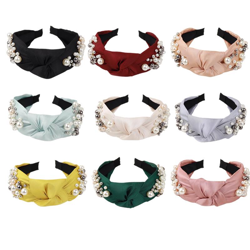 Европейский и американский узелковый ободок с жемчугом: Модный широкополый головной убор с подкладкой и узлом посередине