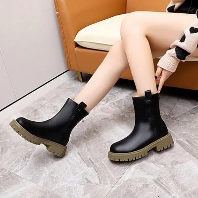 Женская обувь, элегантная, на среднем каблуке, кожа, круглый носок, женские зимние сапоги, удобные, меховые, зима 2024 года, большие теплые, из искусственной кожи