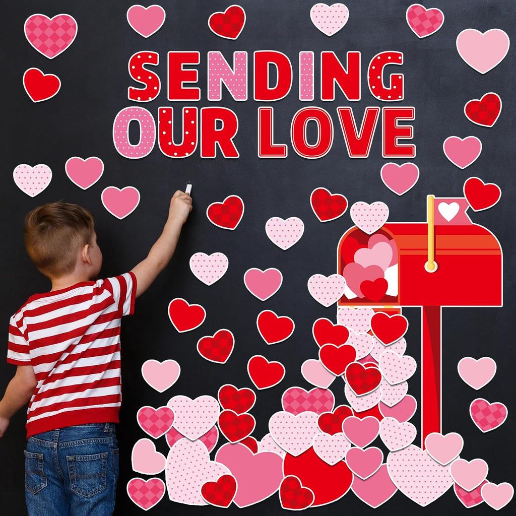 89PCS Valentine's Day Bulletin Board Decoration Set Heart Bulletin Board Borders Sending Our Love Cutouts for Bulletin Board Happy Valentine's Day