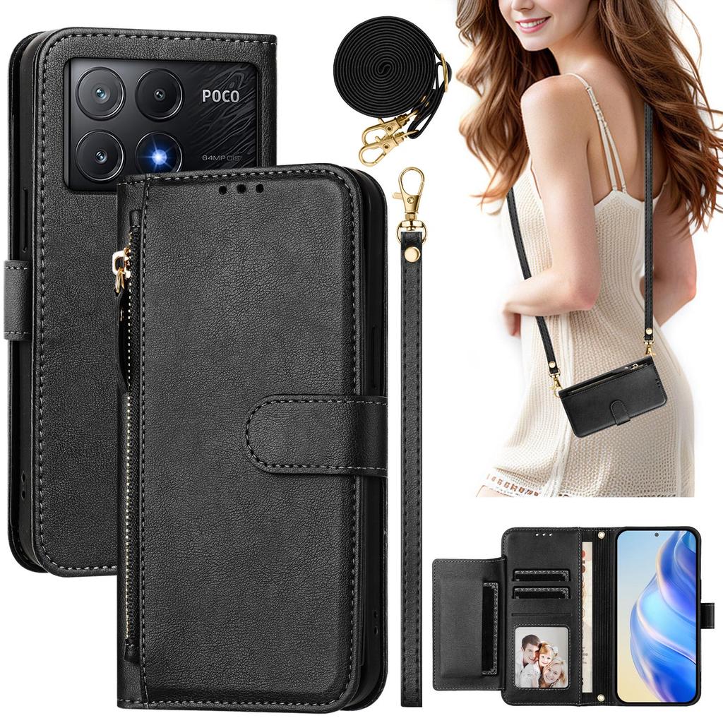 Кошелек-сумка через плечо на молнии с отделениями для карт, кожаный чехол для Xiaomi POCO X7 Pro X6 F7 Ultra, многофункциональная сумка, длинный ремешок, карман, подставка, крышка