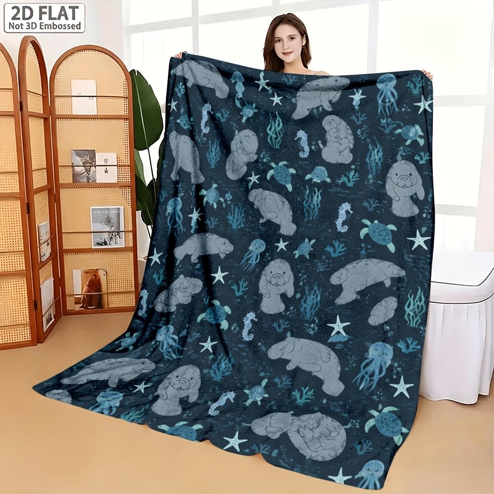 1pc 2D Flat Cozy Blanket Manatee Throw Blanket Lovely Sea Cow Art Pattern Home Decor for Couch Bed Sofa Perfect Holiday Gift for Sea Animal Fans