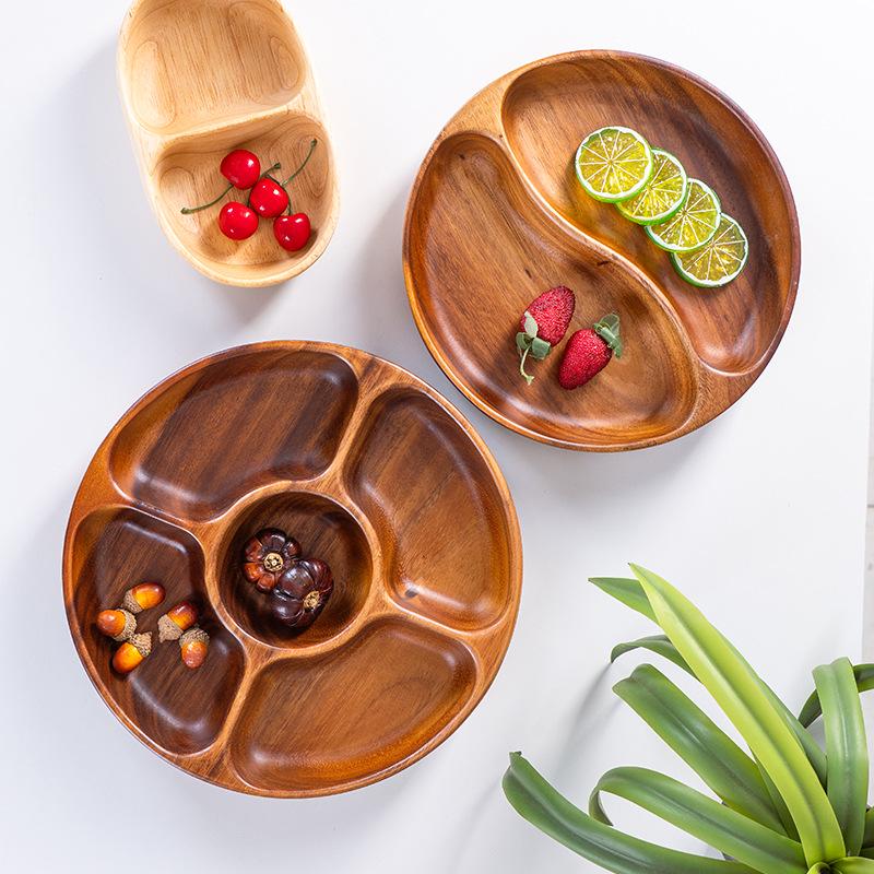 South American Walnut Wood Fruit and Snack Tray - Round & Square Compartments