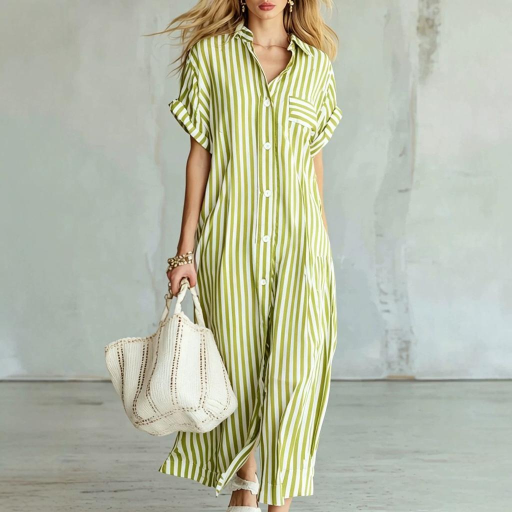 Summer women's fashion new loose lapel long striped shirt dress